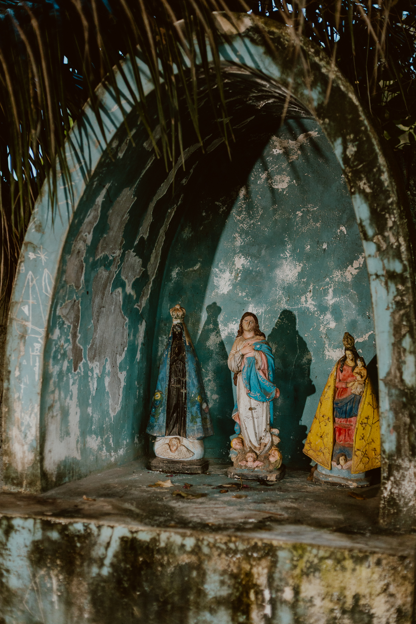 A fotografia, em estilo retrato, é de um altar que possuem 3 imagens religiosas, as mesmas que aparecem na fotografia 12. Uma imagem é de Nossa Senhora da Conceição, a direita, outra de São Lázaro , ao centro, e a esquerda uma outra de nossa senhora de Nazaré .O altar é azul claro e tem marcas do tempo, tem sua parte superior arredondada e várias pontas de palhas também aparecem na parte superior da foto.