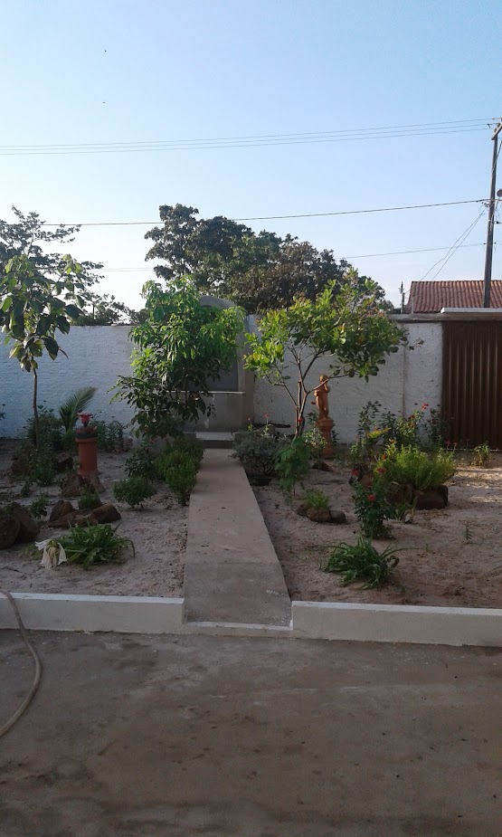 A fotografia mostra o jardim/quintal do terreiro, algumas árvores de médio porte, uma passarela cimentada, uma parte nas laterais de areia, o lugar está extremamente limpo. Ao fundo aparece o muro branco e na parte superior o céu azulado.